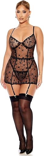773106 Heart You Embroidered Chemise Lingerie Set - Black