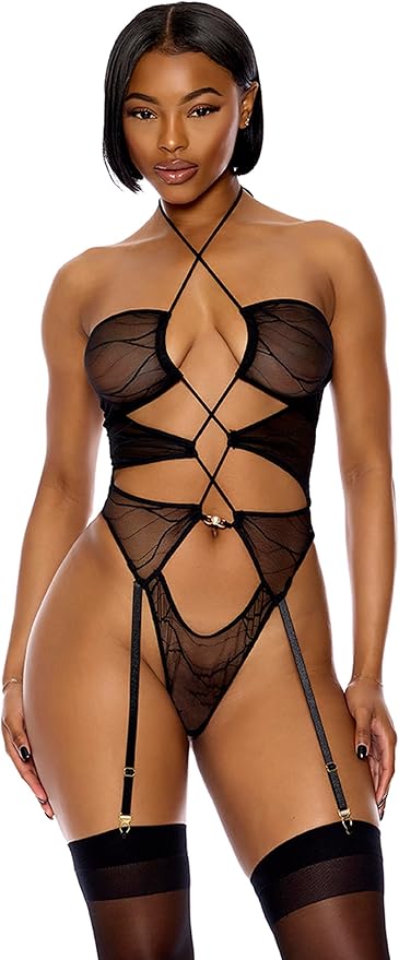 774503 Pull My Strings Mesh Halterneck Teddy Black