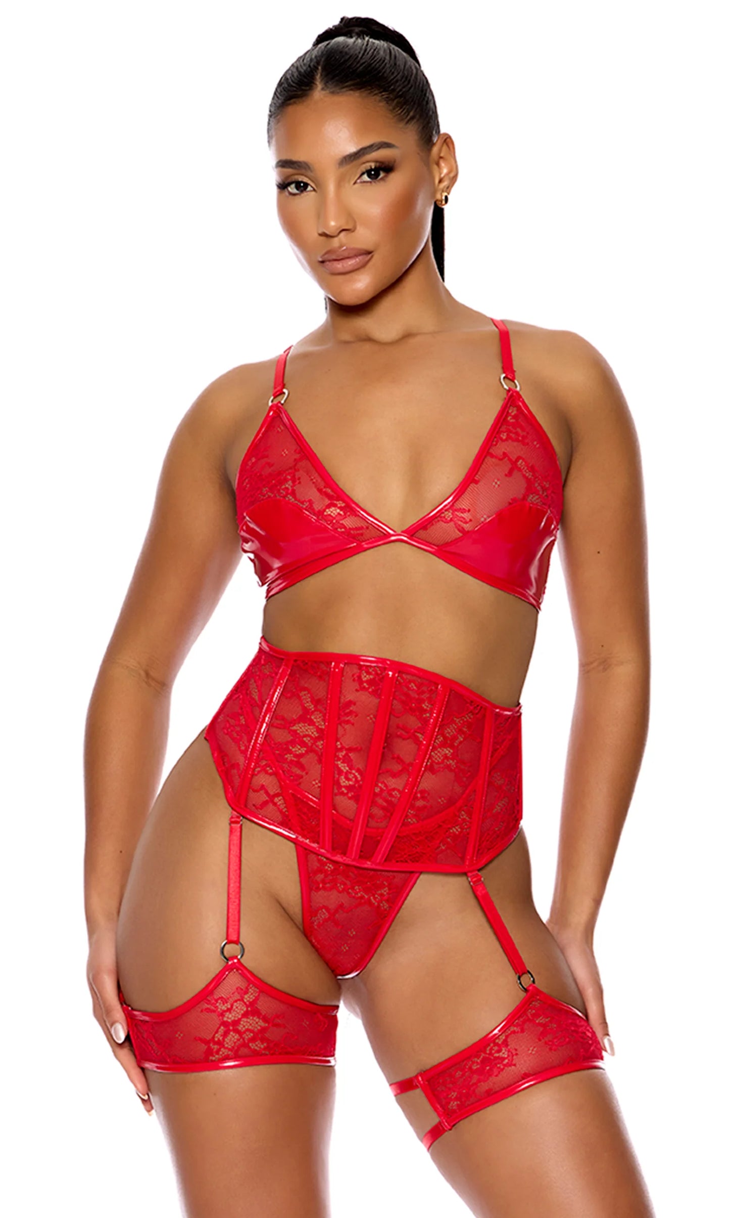 774559 Perfect Pair Vinyl and Lace Bra and Waist Cincher Lingerie Set - Red