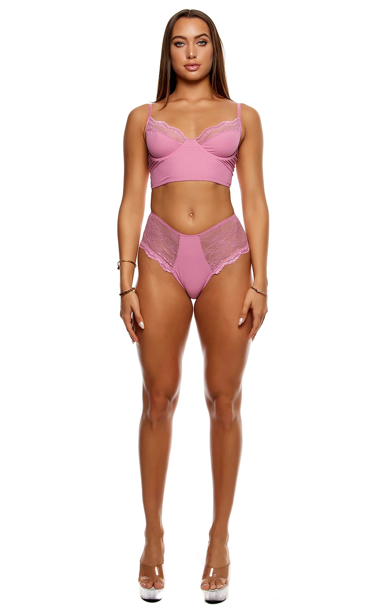 774705 Self Care Ribbed Lace Longline Bra Lingerie Set - Mauve