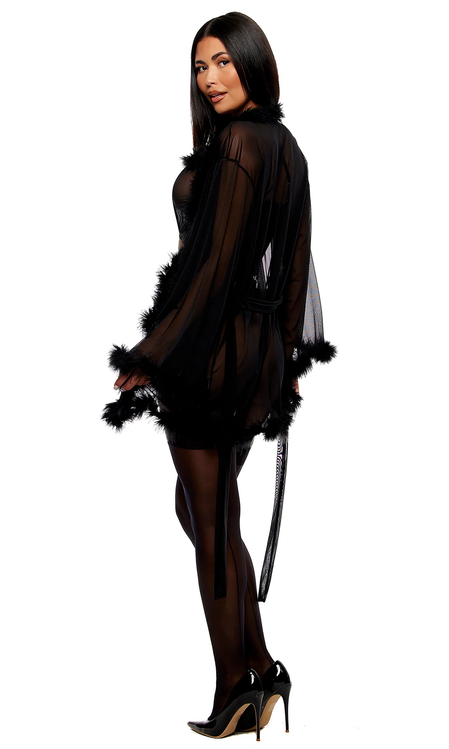774716 Bare It All Mesh Marabou Robe - Black