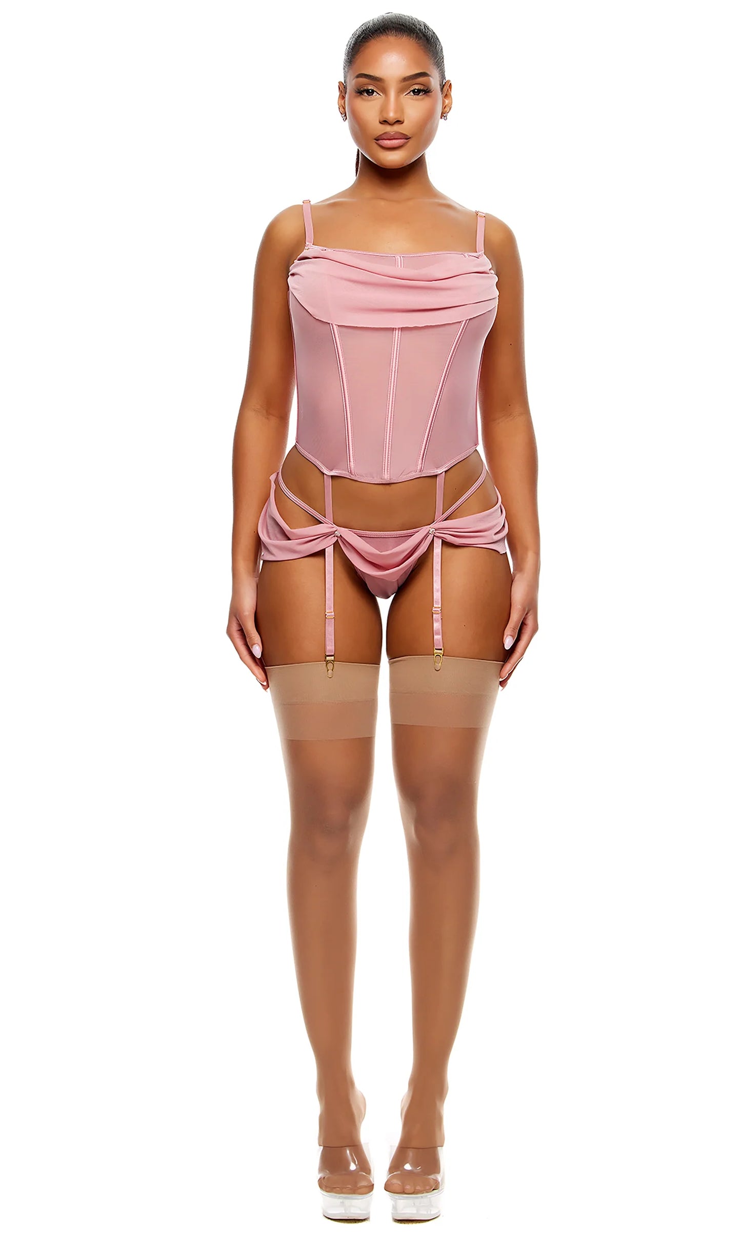 774717 Princess Treatment Draped Mesh Bustier Lingerie Set - Mauve