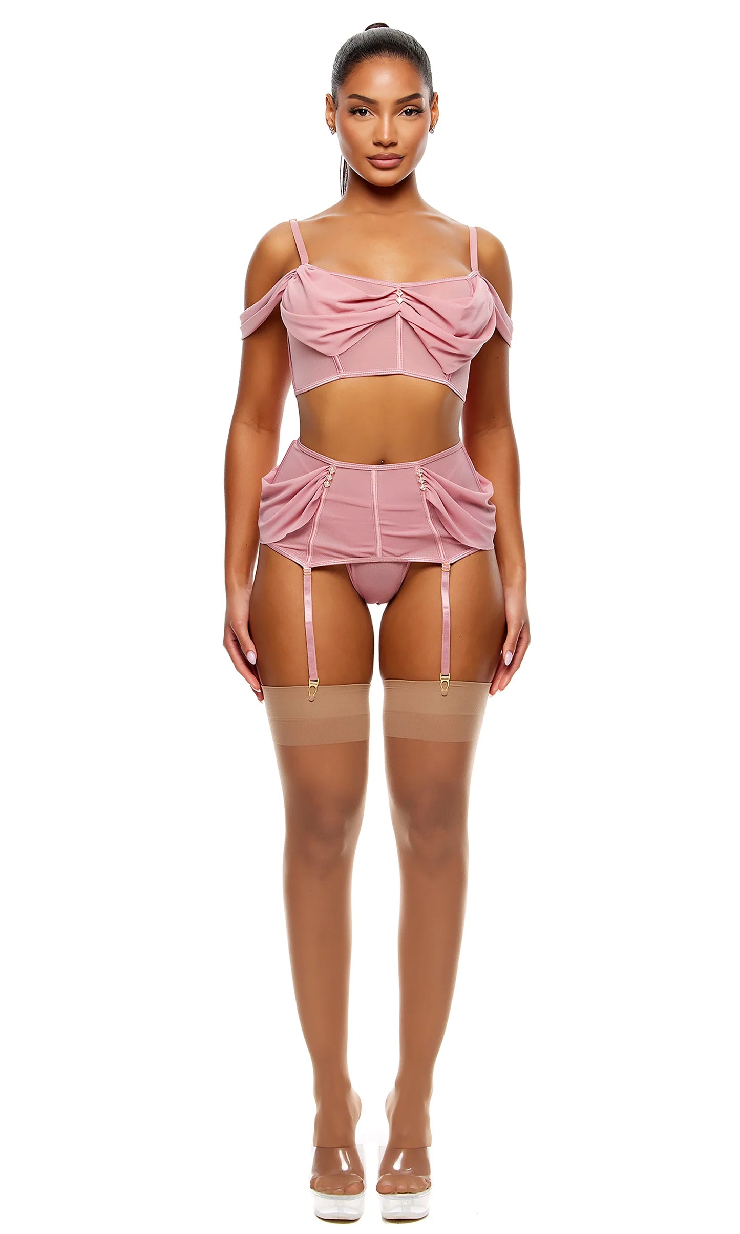 774721 Princess Treatment Draped Mesh Bra and Garter Skirt Lingerie Set - Mauve