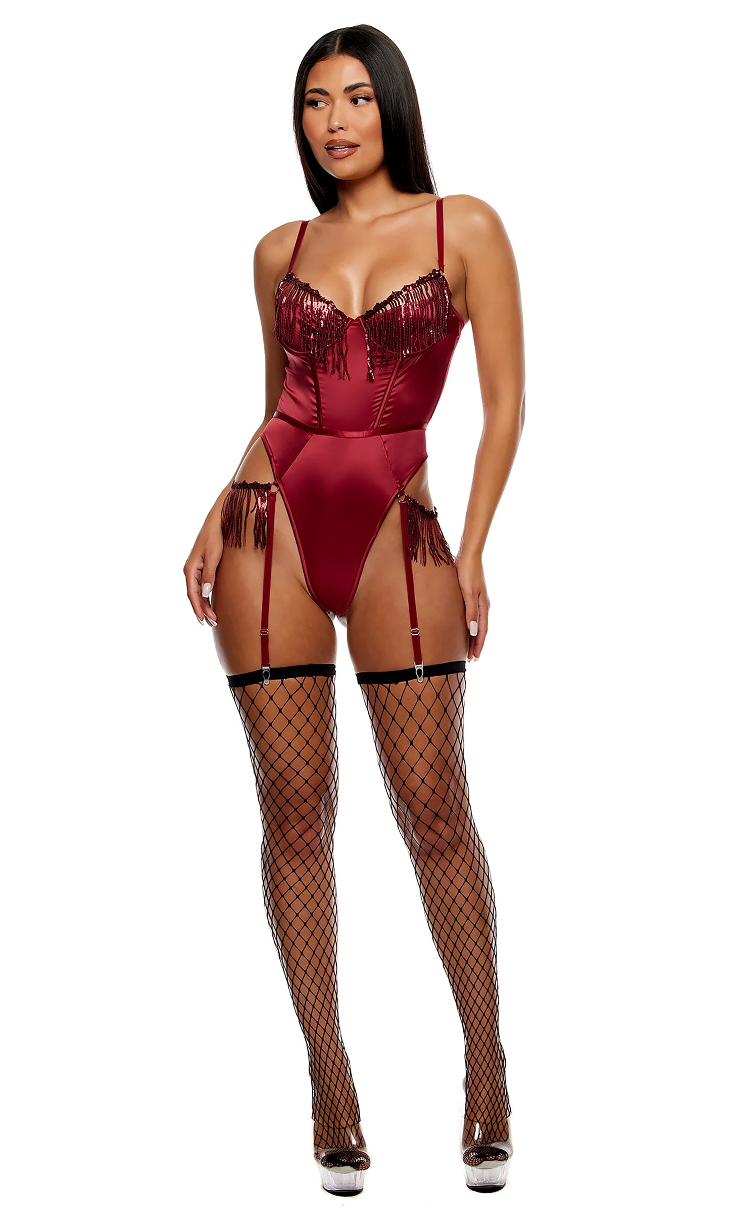 774726 Peep Show Sequin Fringe Teddy - Wine