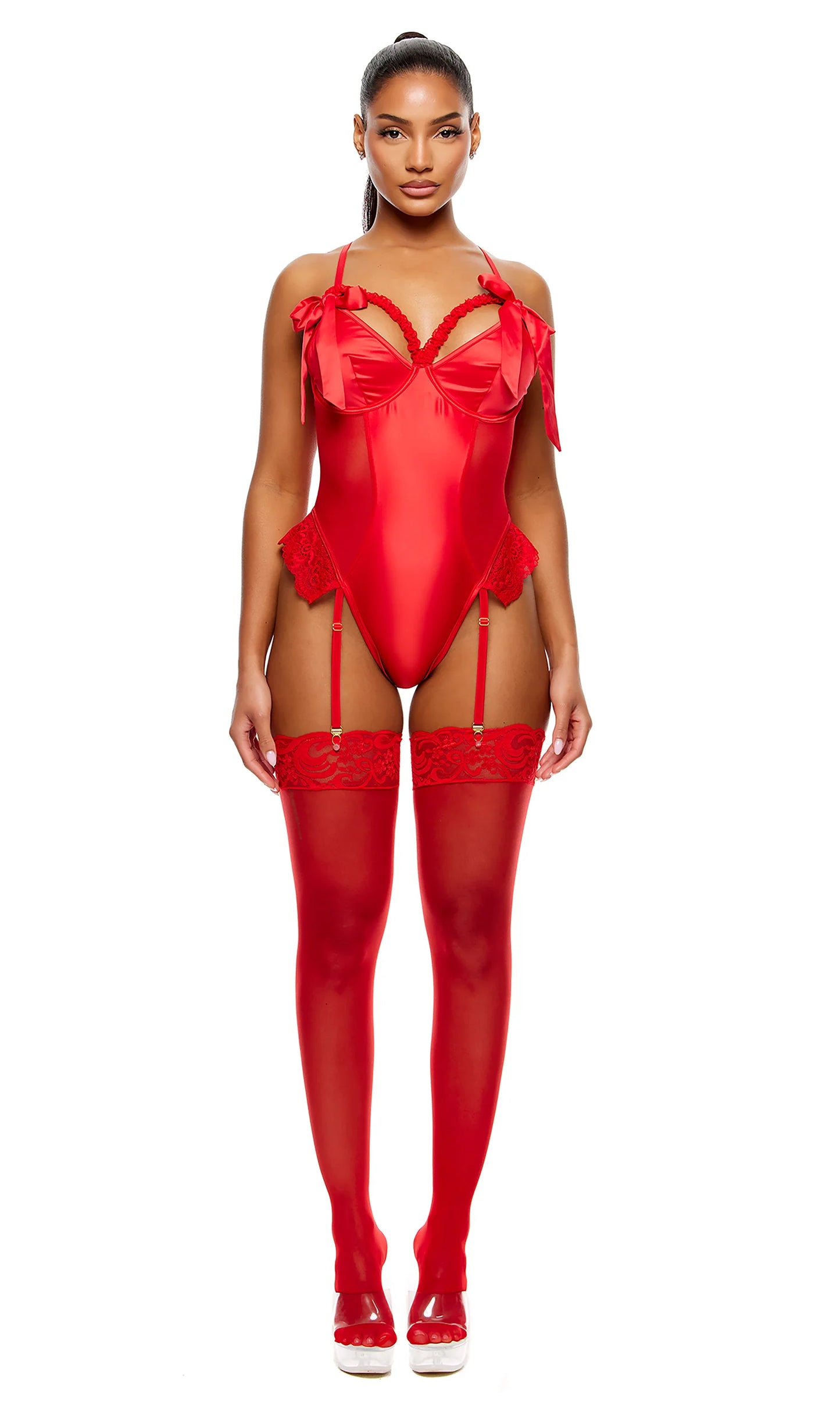 774744 No Strings Attached Satin and Mesh Lace Trim Teddy Lingerie Set - Red