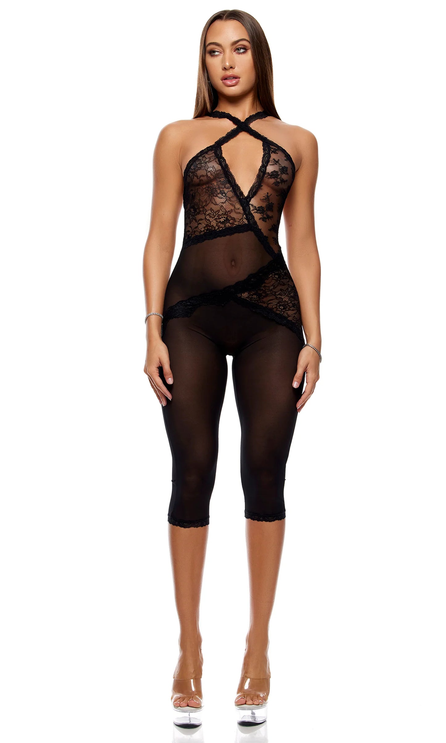 775115 Patch of Petals Lace Capri Catsuit - Black