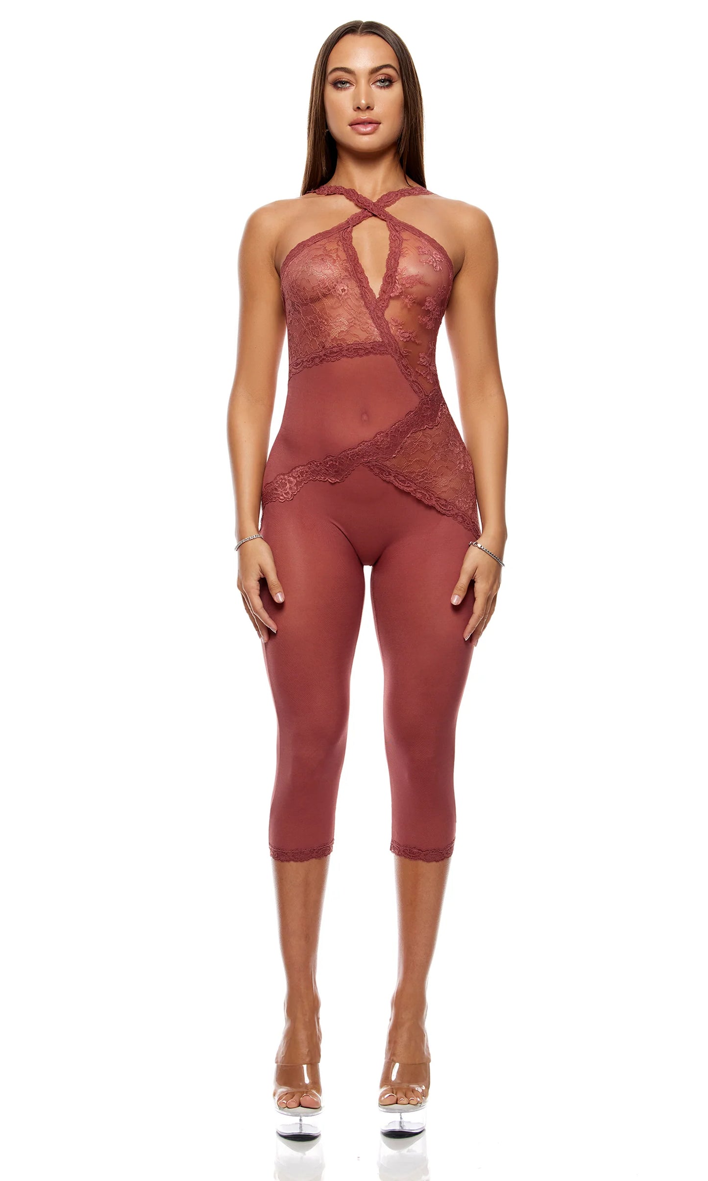 775115 Patch of Petals Lace Capri Catsuit - Spice