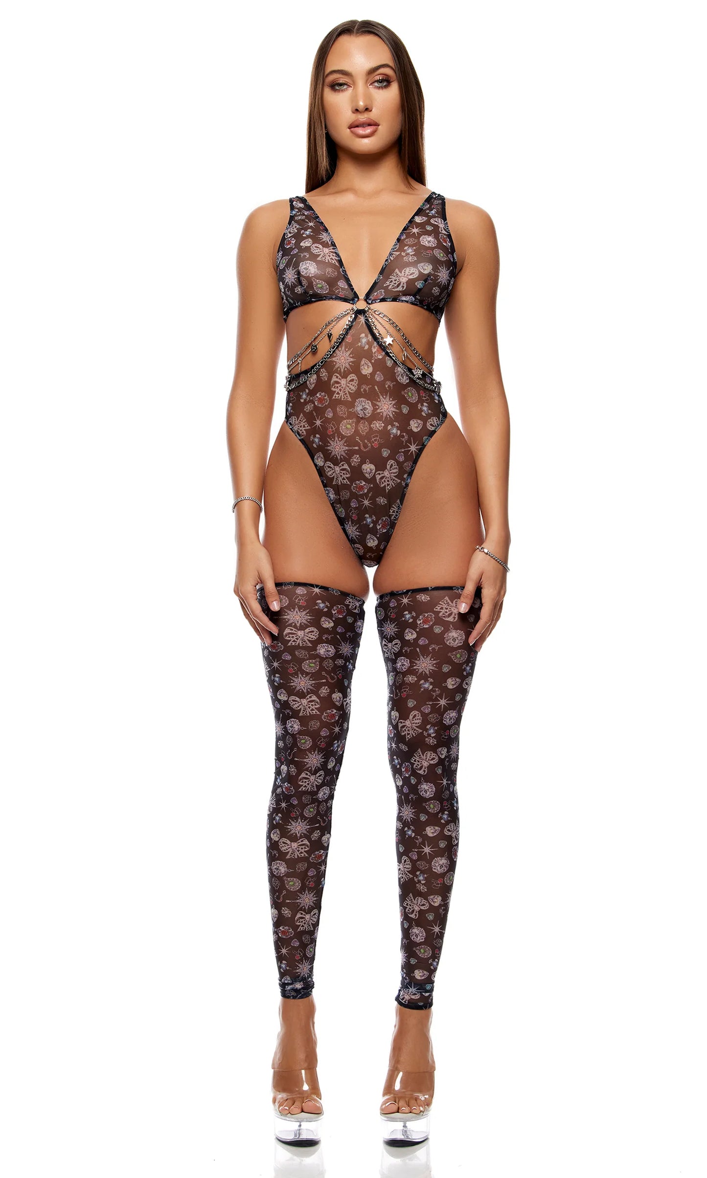 775137 Sheer Charm Mesh and Chains Teddy Lingerie Set - Black
