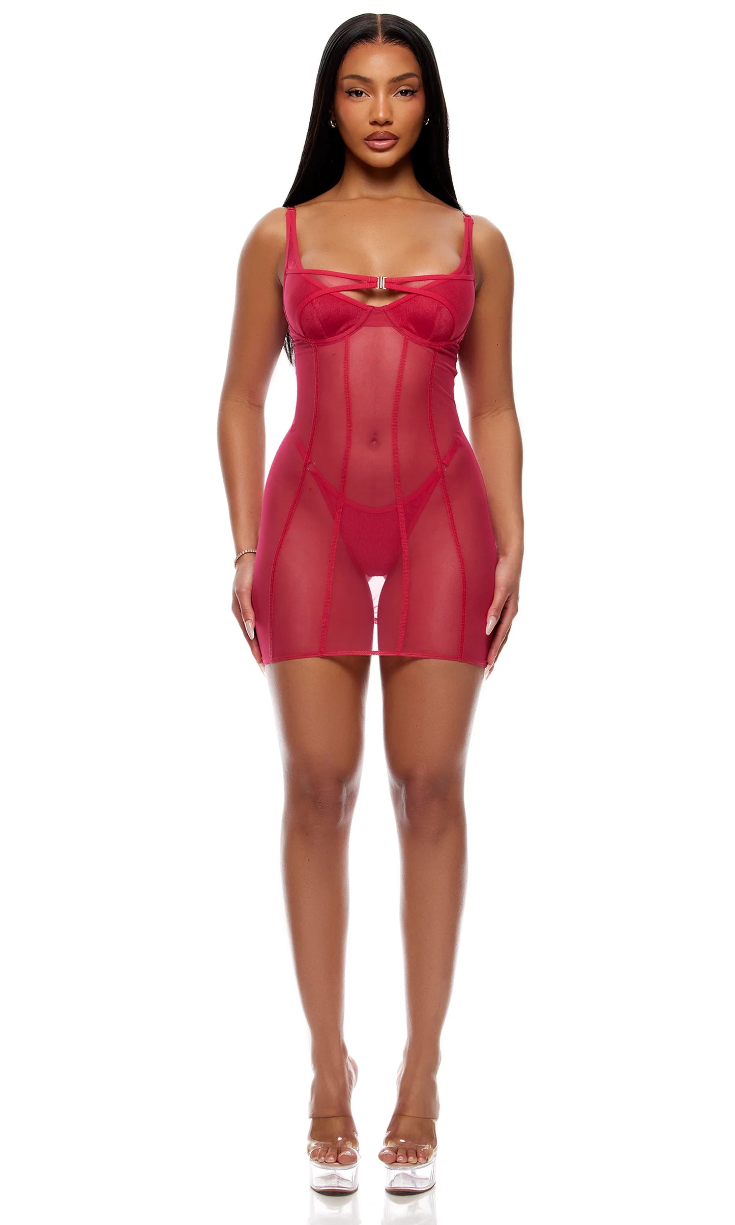 775175 Layers To This Mesh and Knit Chemise Lingerie Set - Pink
