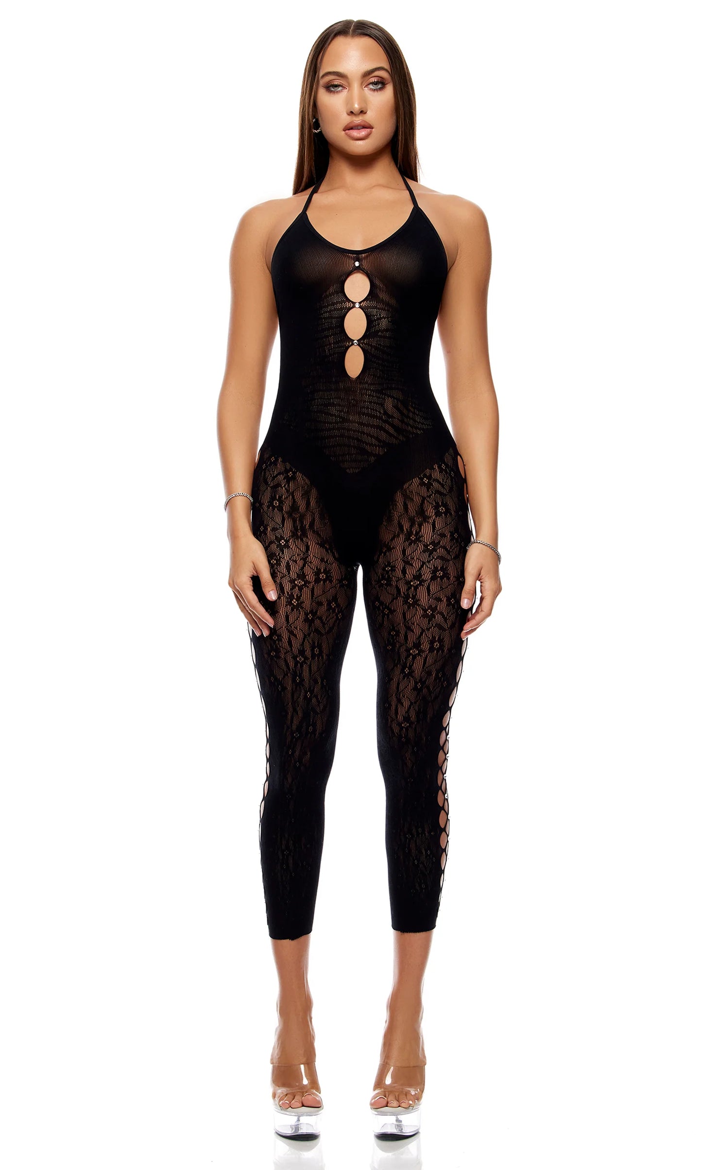 775183 Cross Your Mind Capri Bodystocking - Black