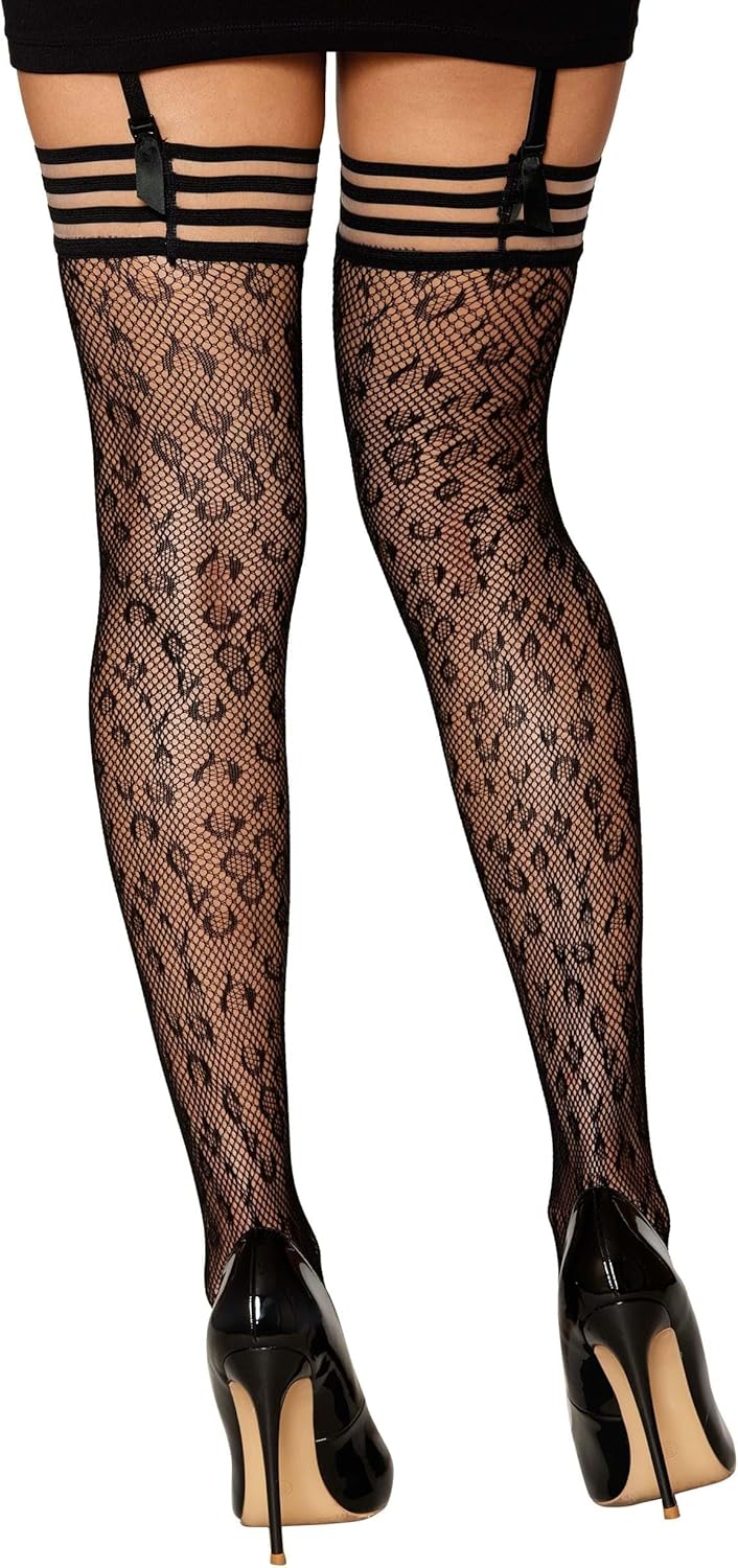 0433 Dreamgirl Leopard Print Thigh High Stockings - Black