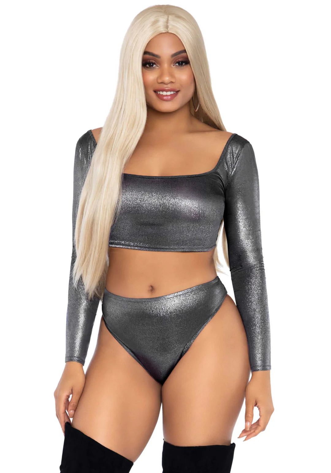 89262 Metallic Top and High Waist Brief Silver