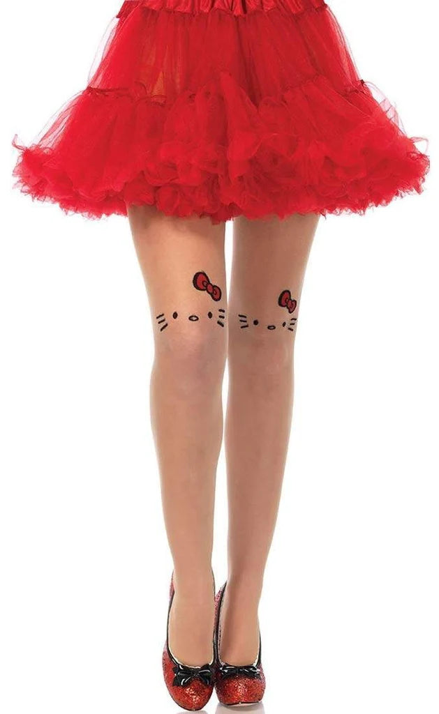 HK7956 HELLO KITTY TATTOO FACE SHEER CUBAN HEEL BACKSEAM PANTYHOSE