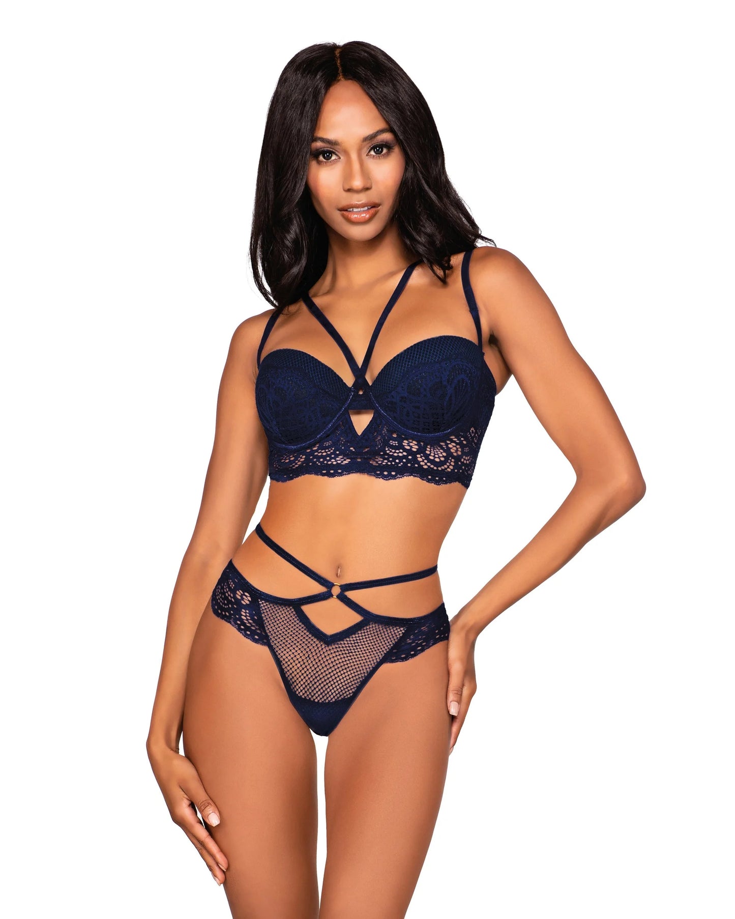 12431 Dreamgirl Fishnet & Scalloped Lace Bra Set with Plunge Neckline