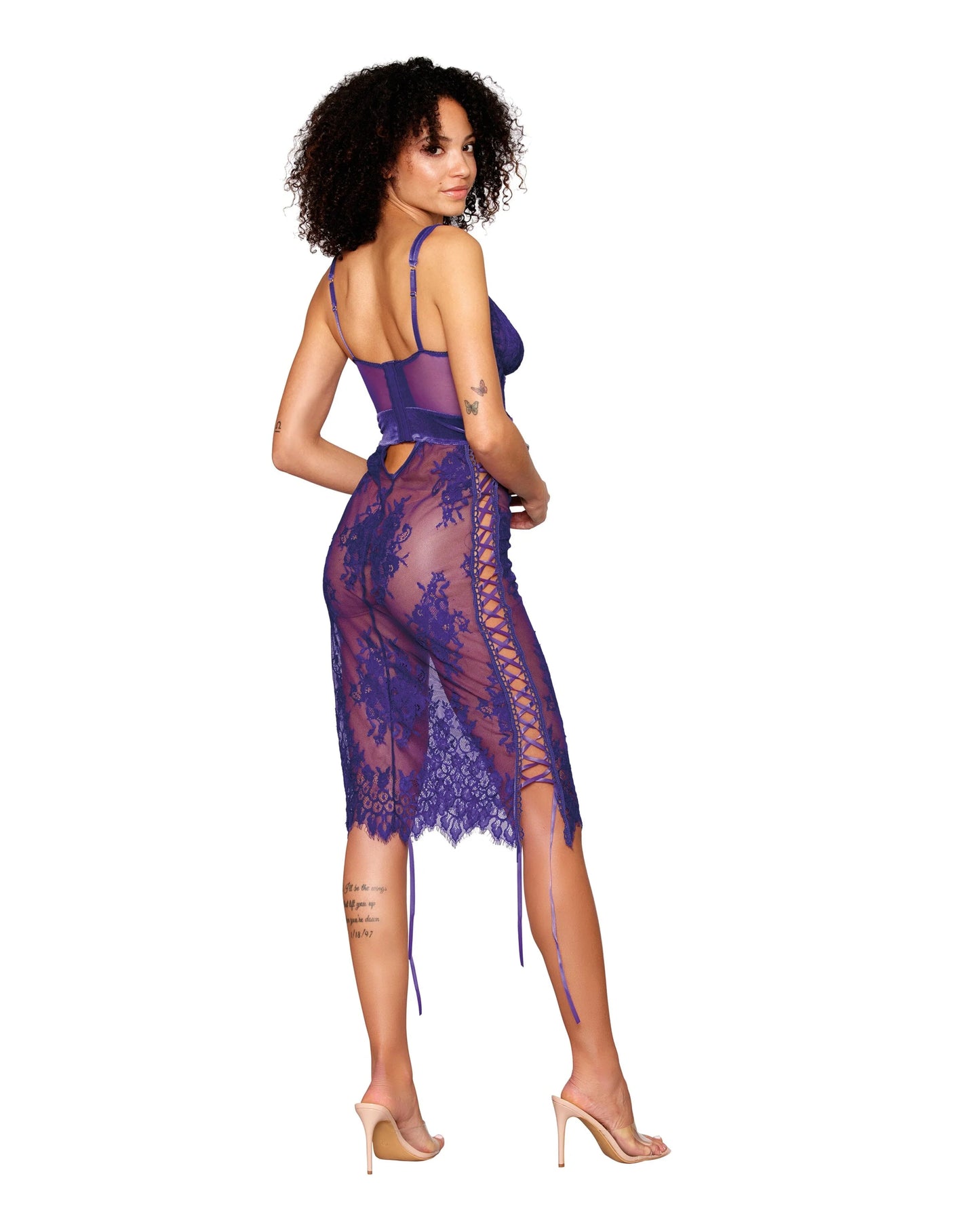 13051 Floral Lace and Stretch Velvet Slip Chemise Purple