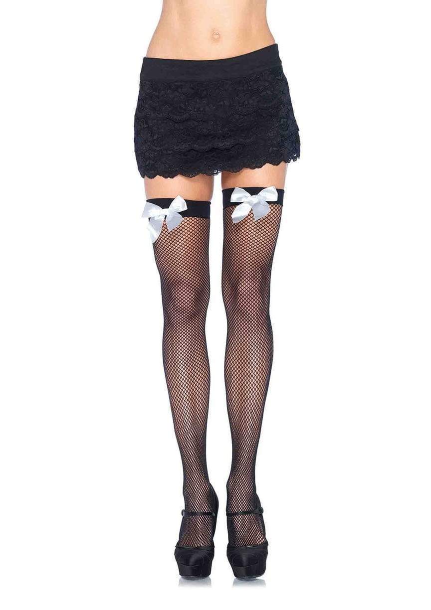 9018 Josi Fishnet Thigh Highs Black with white bow
