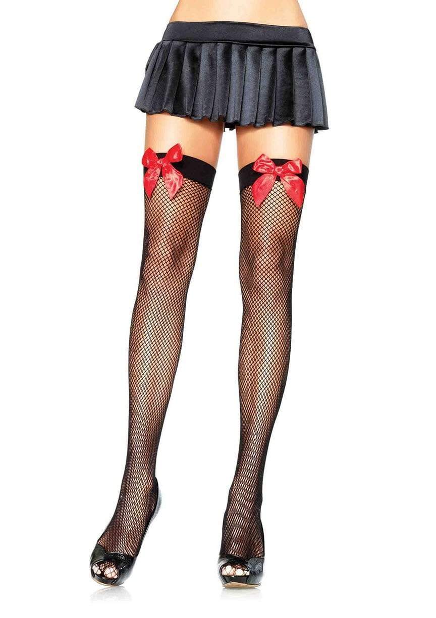9018 Josi Fishnet Thigh Highs black with Red bow