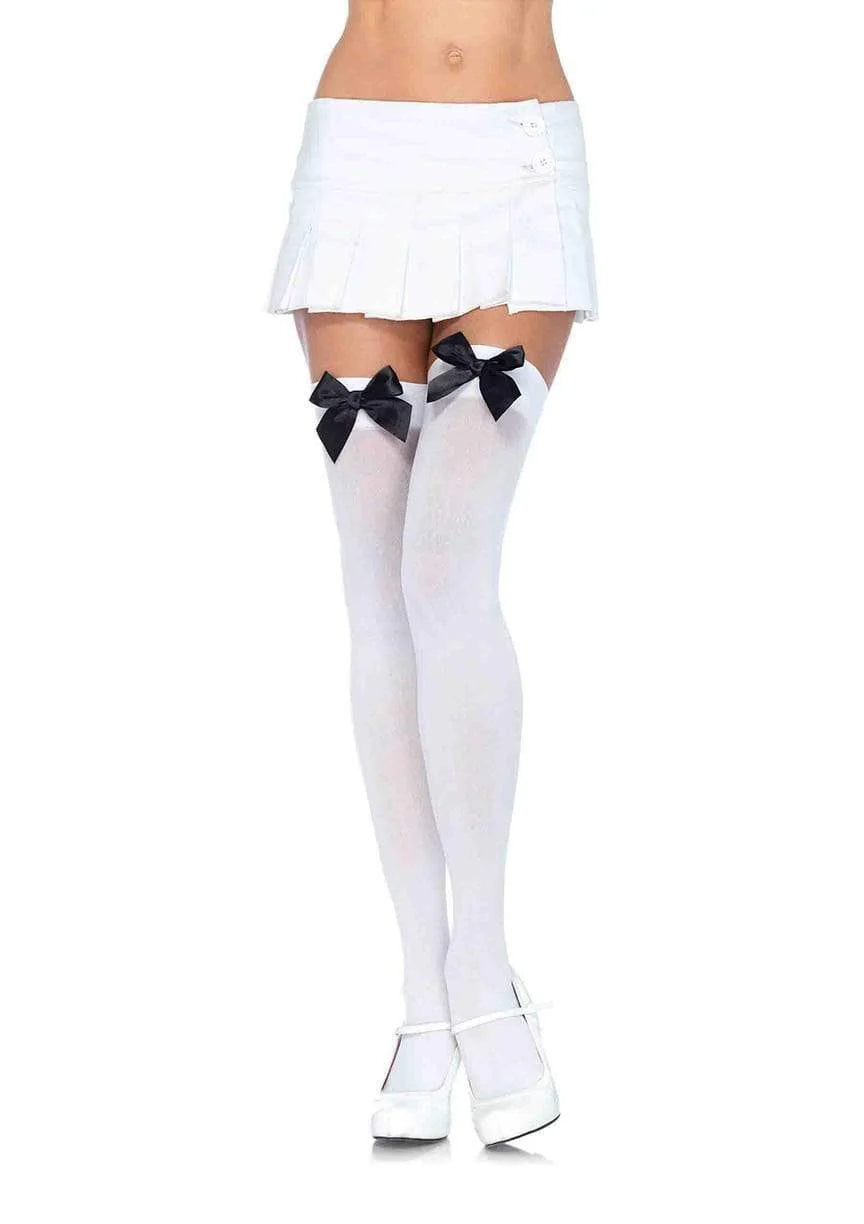 6255 Kay Opaque Thigh Highs White with black bow