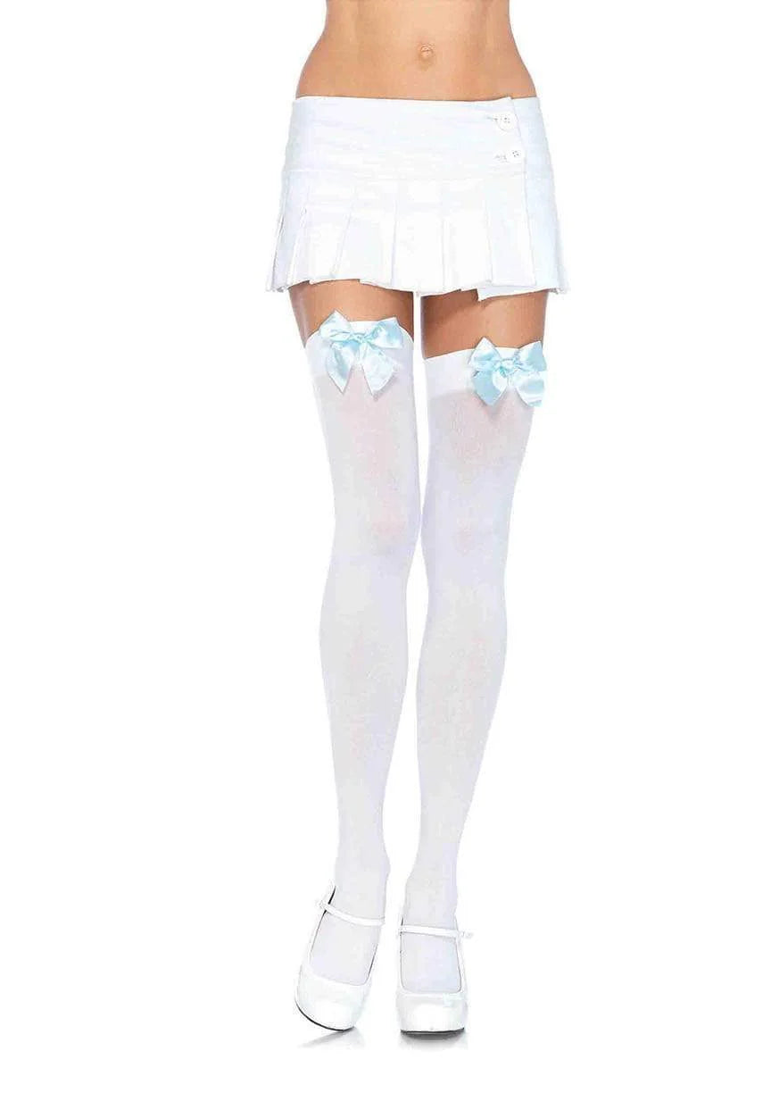 6255 Kay Opaque Thigh Highs White with light blue bow
