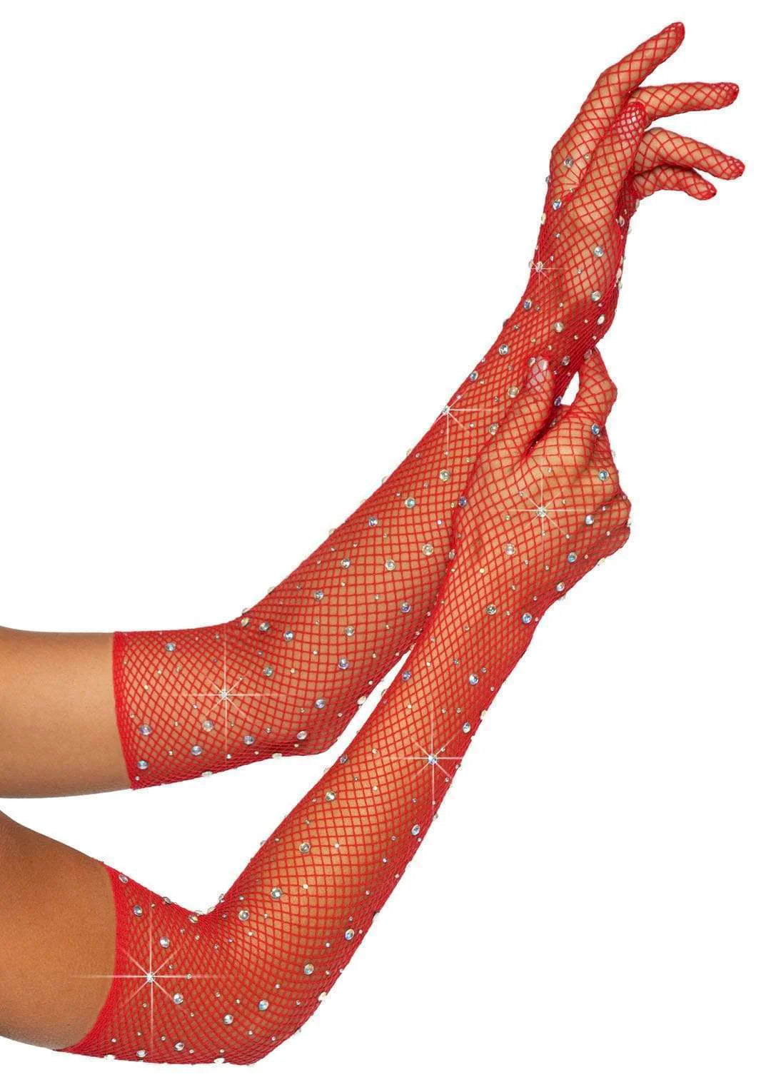 2038 Bling Ring Rhinestone Fishnet Gloves Red