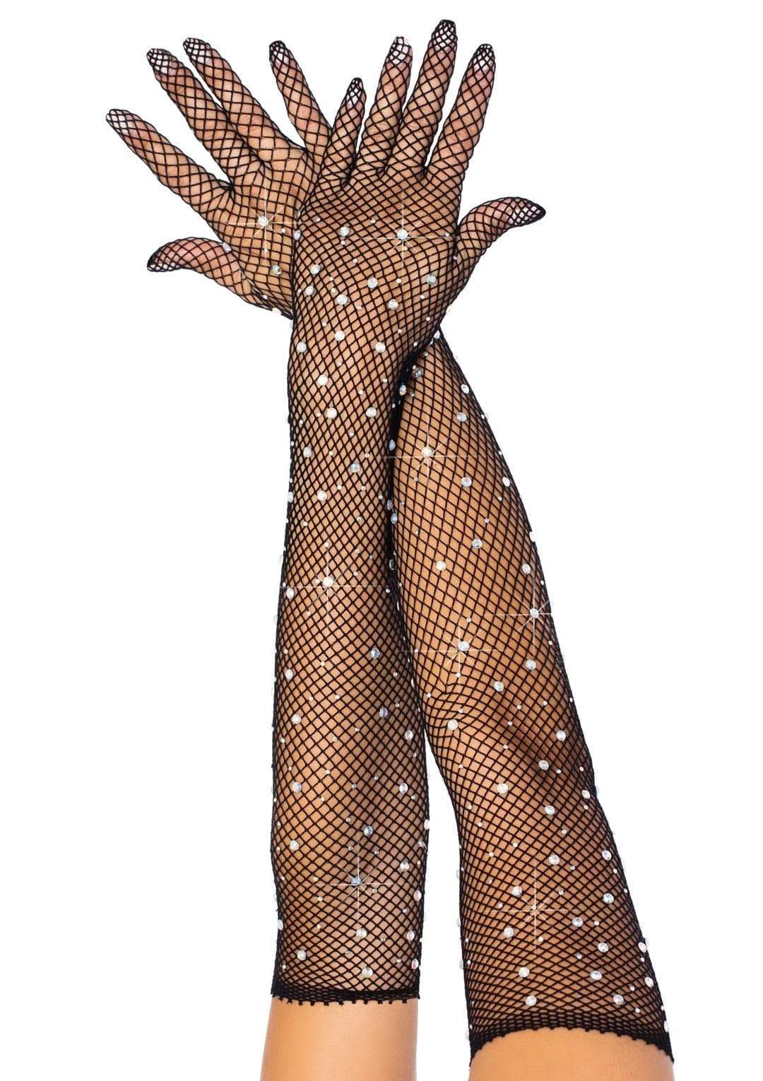 2038 Bling Ring Rhinestone Fishnet Gloves Black