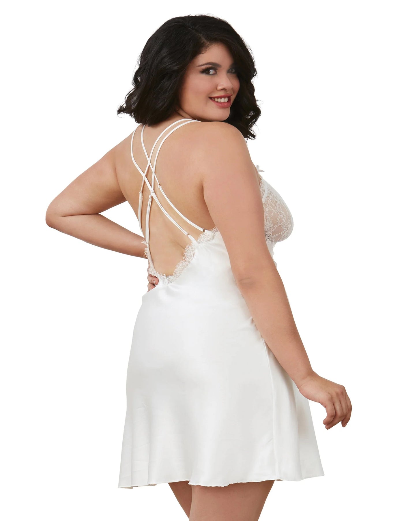 12028X Dreamgirl Plus Size Silky Satin Charmeuse Chemise with Eyelash Lace