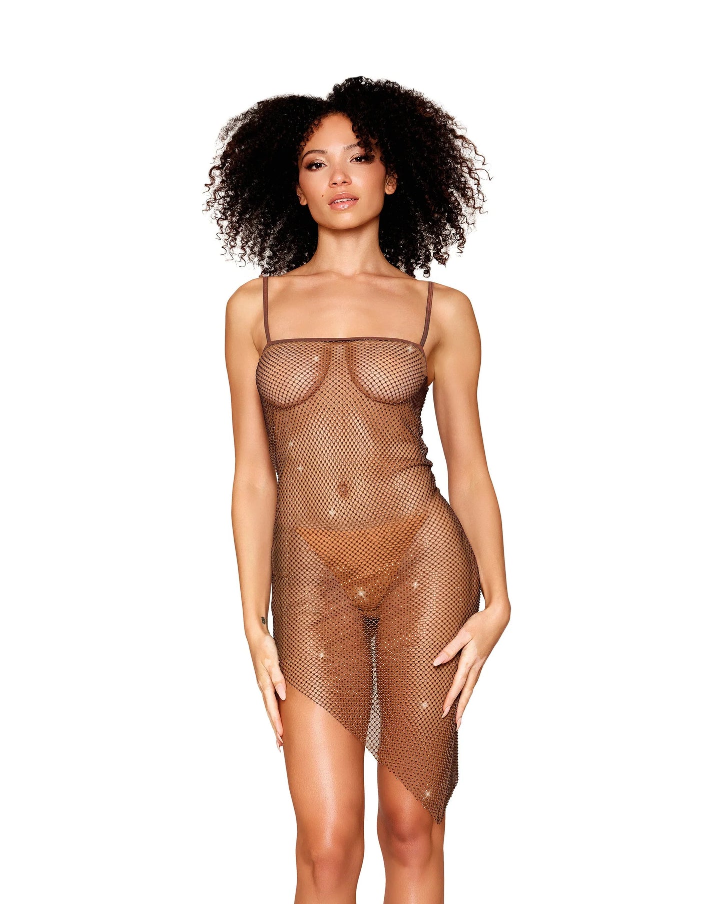 13034 Rhinestone Embellished Fishnet Chemise with an Asymmetrical Hemline