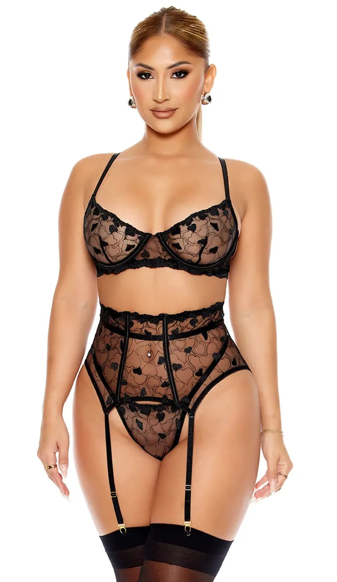 773105 Heart You Embroidered Bra and Waist Cincher Lingerie Set - Black