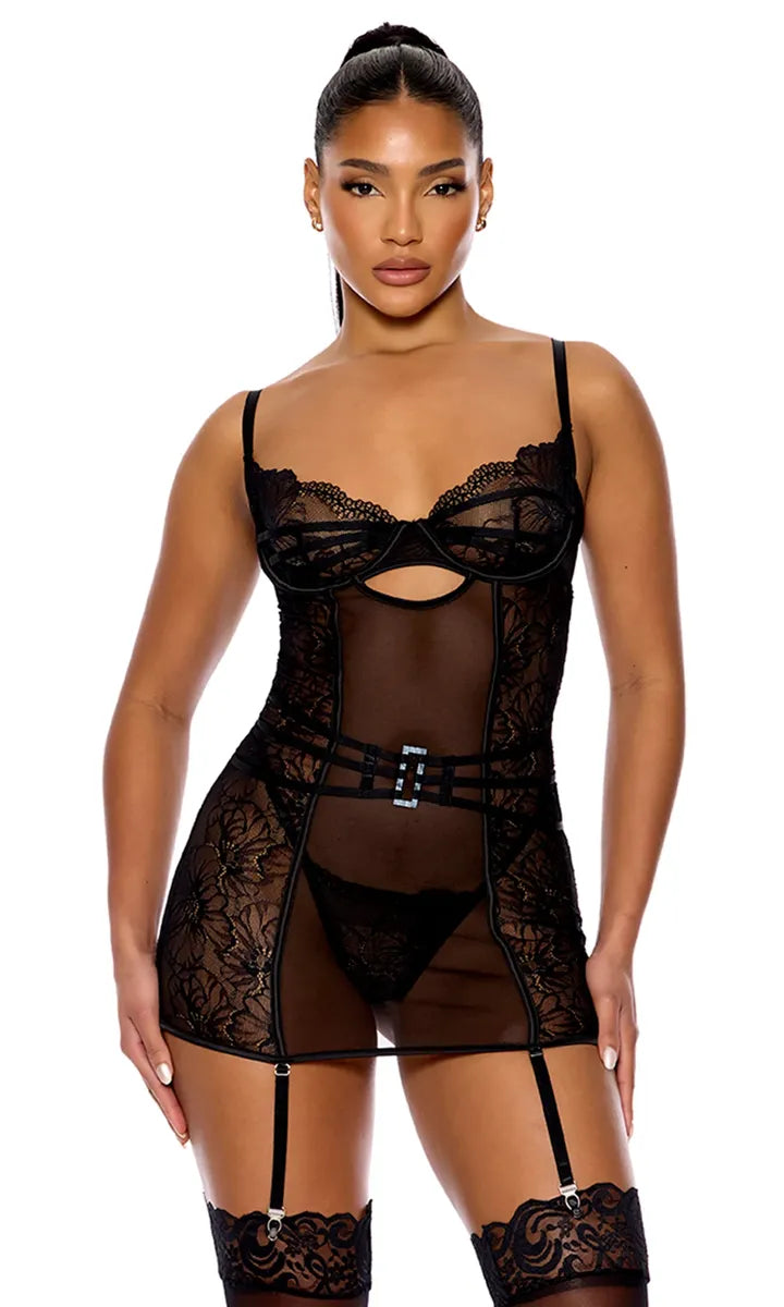 774538 Thirst Strap Strappy Lace Chemise Lingerie Set - Black