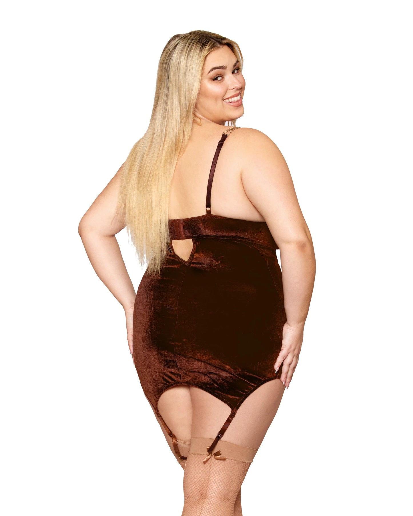 13022x Stretch Velvet and Embroidered Band Garter Slip and G-String Set