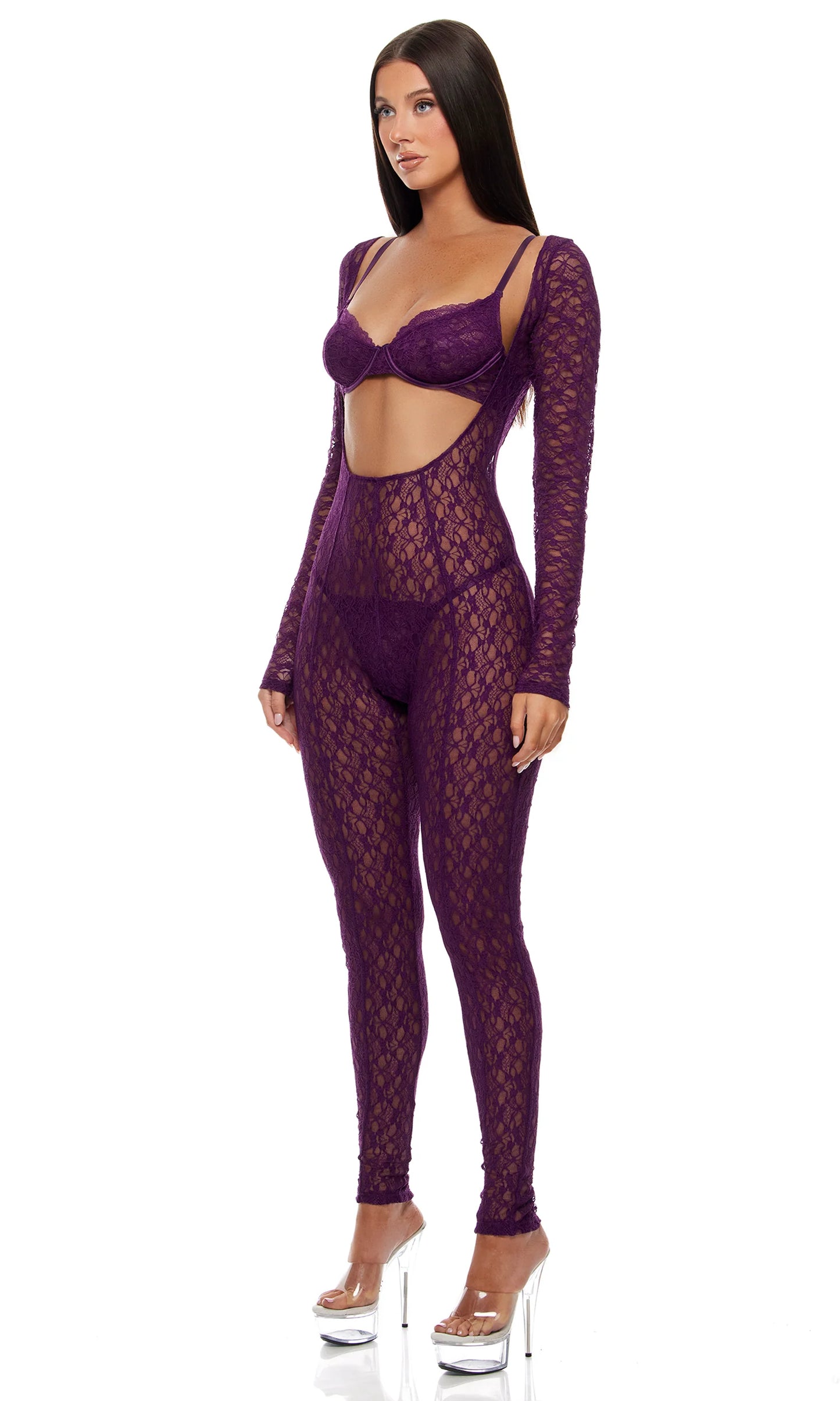 775425 Feel Me Textured Lace Jumpsuit Lingerie Set