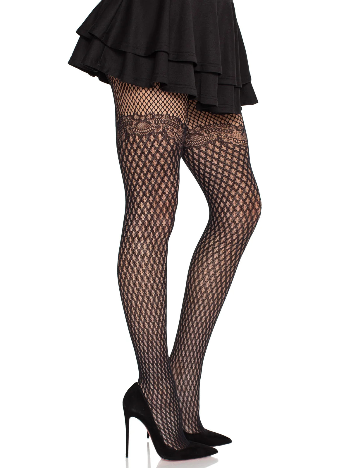 9903 Gilded Grid Net Tights with Bow Lace Top