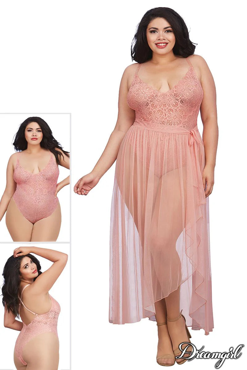 10996x Dreamgirl   Mosaic   Lace   Teddy   &   Sheer   Skirt   Vintage   Rose