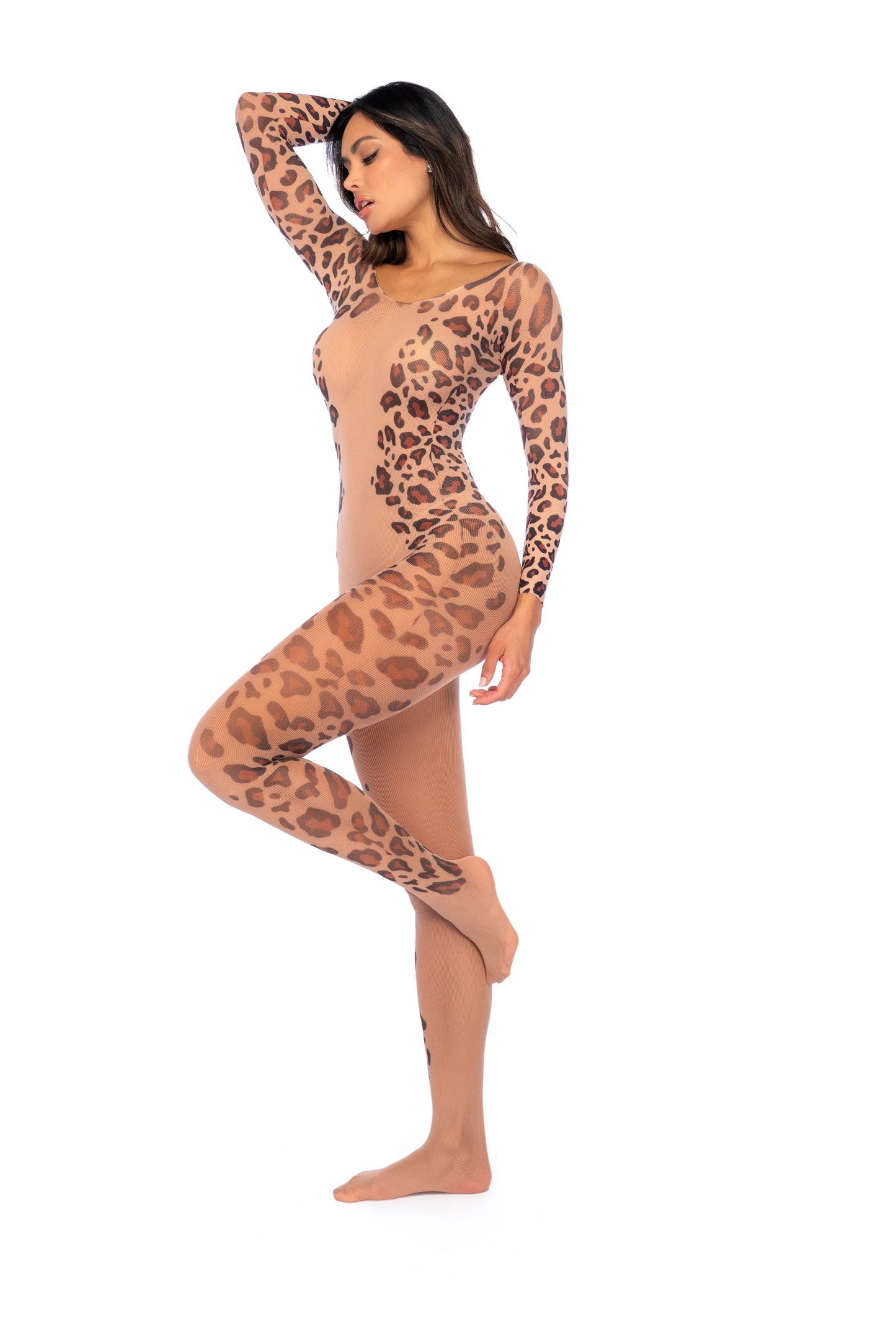 1143 Long Print Sleeve Leopard Mesh Bodystocking