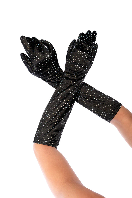 135 Satin Rhinestone Opera Gloves Black