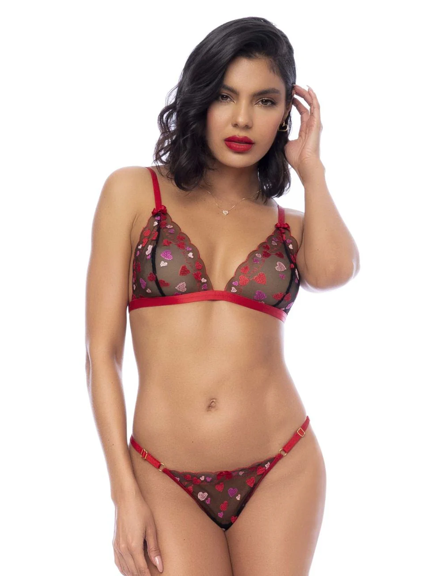 8899 Heart Embroidered Mesh Bra Set Black/Red