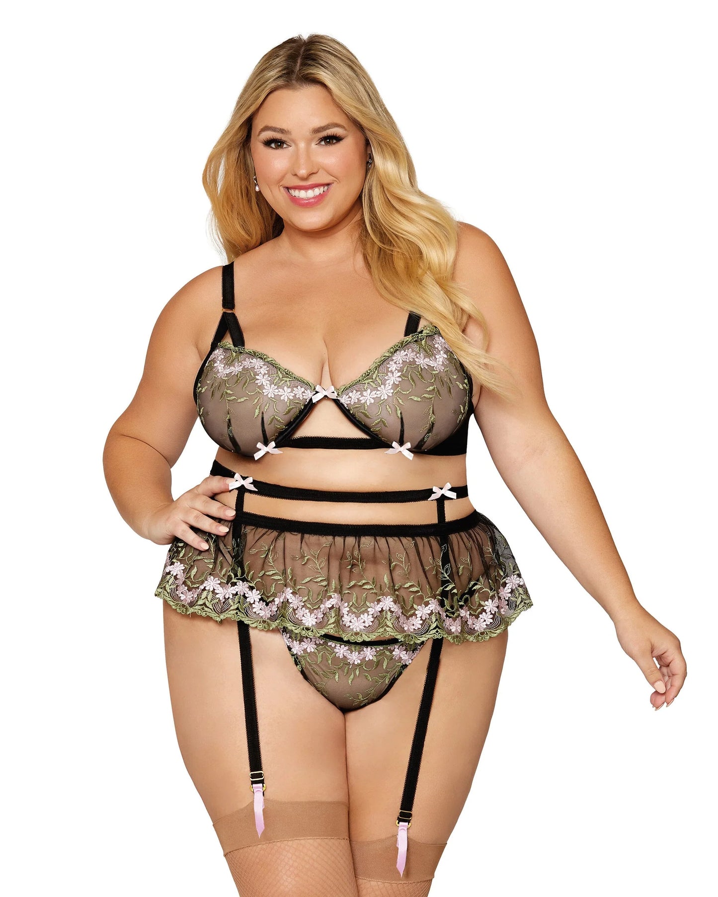 12899X Dreamgirl 3 Piece Floral Embroidery Set With Bra, Garter Belt And G-String