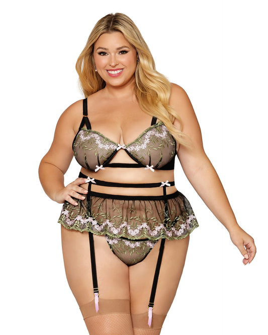 12899X Dreamgirl 3 Piece Floral Embroidery Set With Bra, Garter Belt And G-String