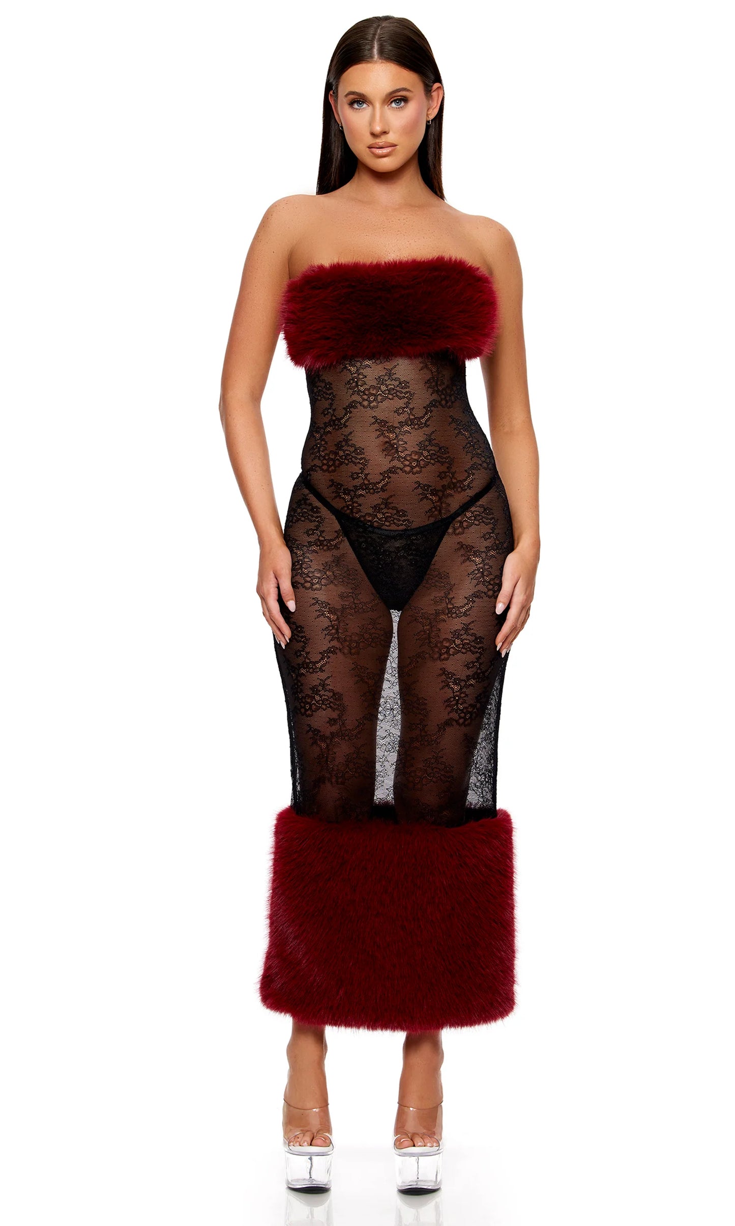 775434 Fur The Night Lace and Faux Fur Nightgown Set