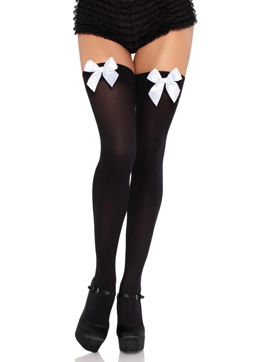 6255 Kay Opaque Thigh Highs Black with White bow