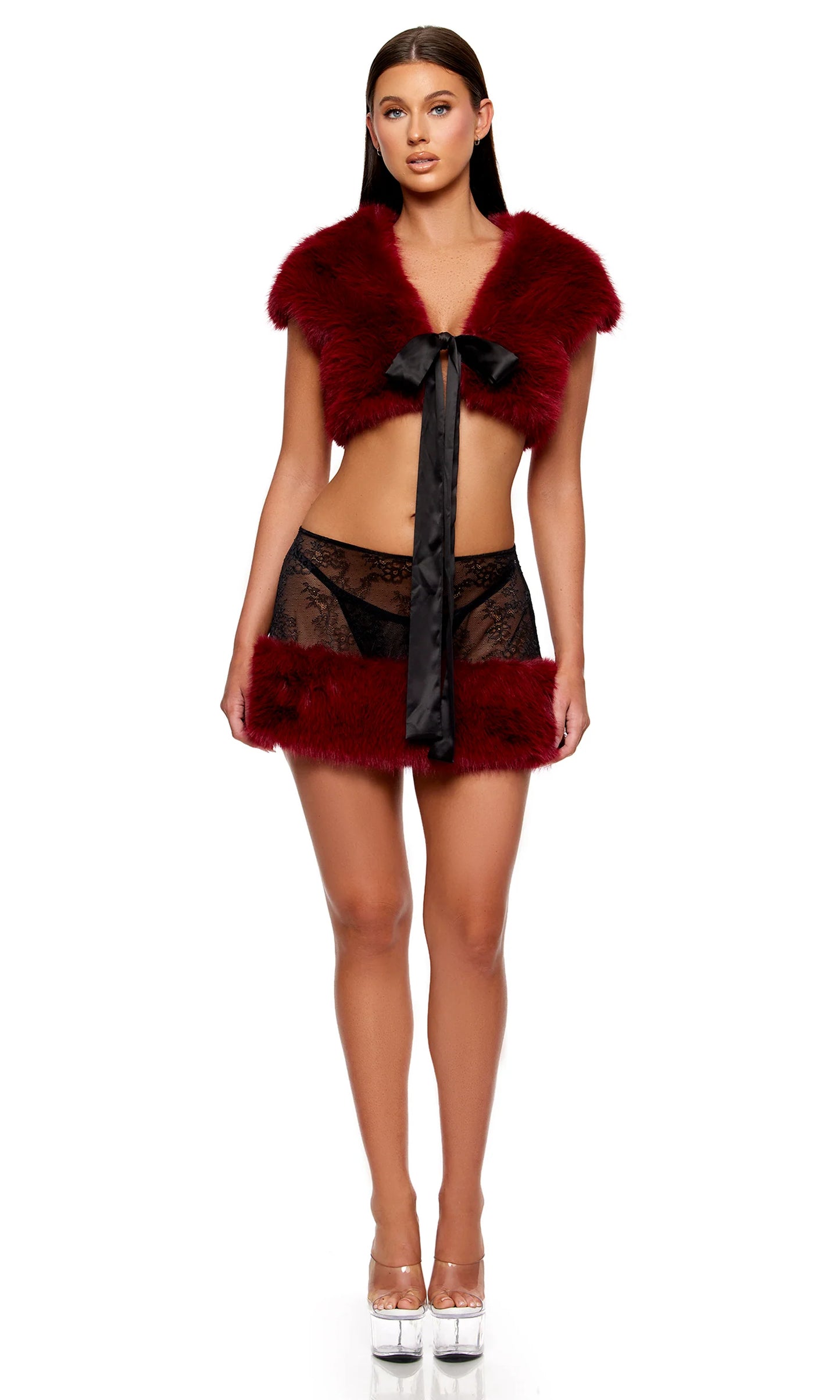 775438 Fur the Night 3-Piece Lace and Faux Fur Shrug and Mini Skirt Set - Wine