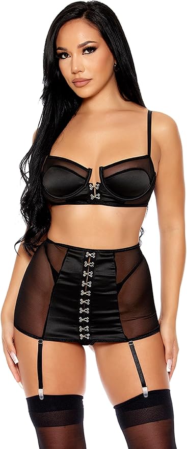 773084 Got Him Hooked Satin and Mesh Bra and Garter Skirt Lingerie Set