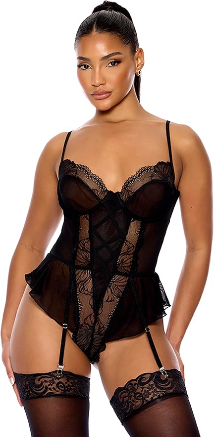 774557 All The Frills Lace and Ruffles Teddy Black