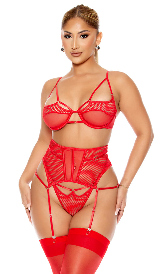 773053 Caught Up O-Net Bra and Waist Cincher Lingerie Set - Red