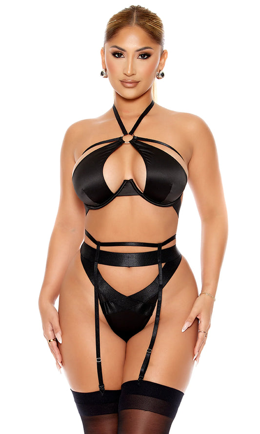 773068 Soft Life Satin Bra and Garter Belt Lingerie Set Black