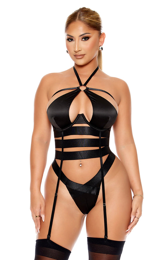 773070 Soft Life Satin Strappy Bustier Lingerie Set Black