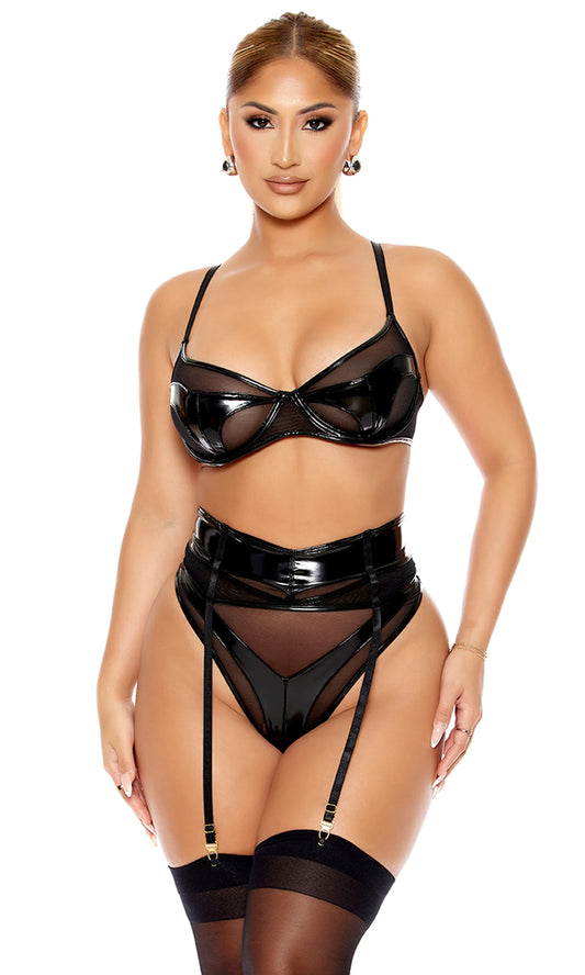 773058 Opposites Attract Mesh and Vinyl Bra and Garter Belt Lingerie Set