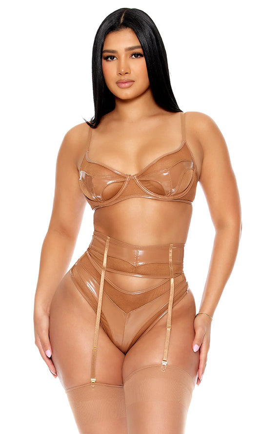 773078 Opposites Attract Mesh and Vinyl Bra and Garter Belt Lingerie Set