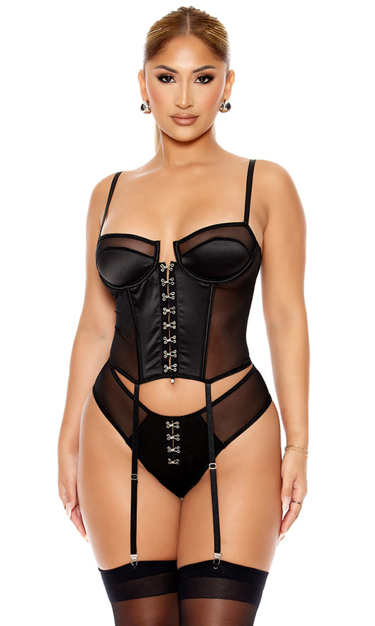 773085 Got Him Hooked Satin and Mesh Bustier Lingerie Set