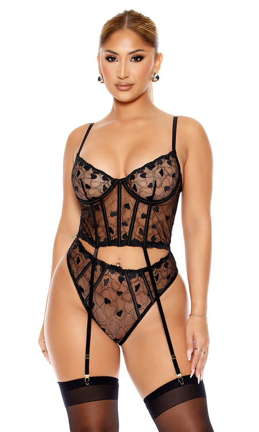 773104 Heart You Embroidered Longline Bra Lingerie Set - Black